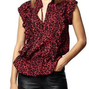 Zadig & Voltaire Red Animal Print Ruffle Blouse